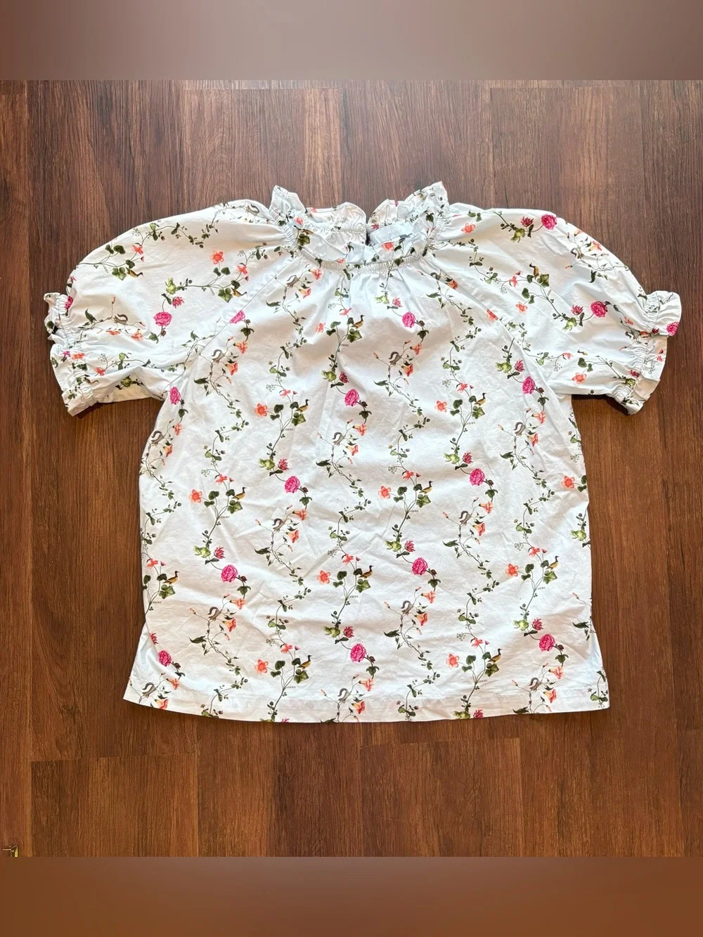 ♾️Hill House Home Floral Bird Print Puff Sleeve Top Cottagecore Coastal Med♾️